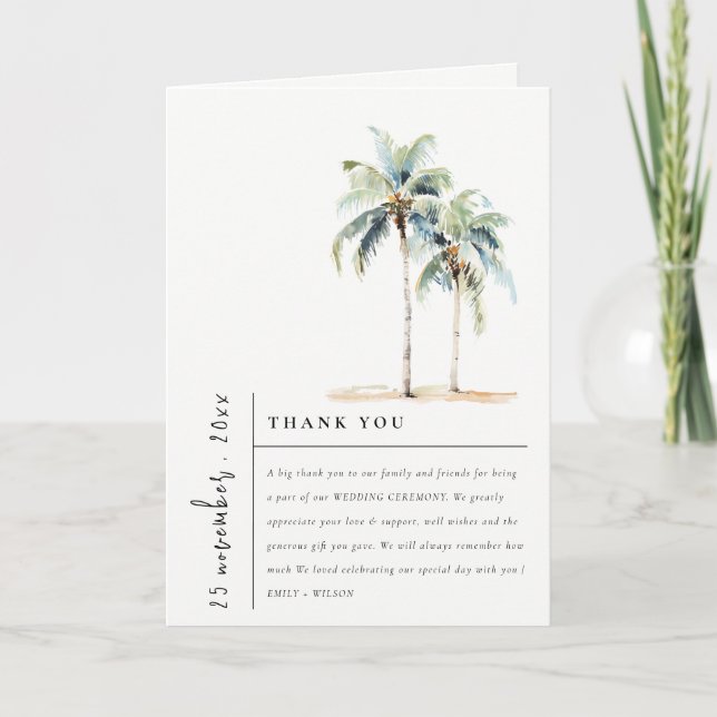 Chic Minimal Palm Trees Tropical Wedding Foto Dankeskarte (Vorderseite)