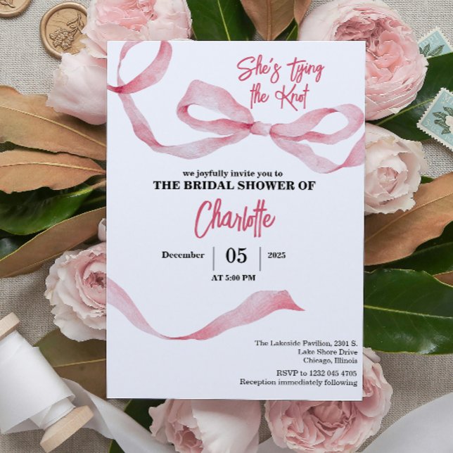 Chic Minimal She's Tying the Knot Bridal Shower  Einladung (she's tying the knot pink bridal shower elegant minimal feminine typography whimsical simple)