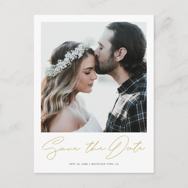 Chic Minimalistisch Gold Foto Wedding Save the Dat Ankündigungspostkarte (Vorderseite)