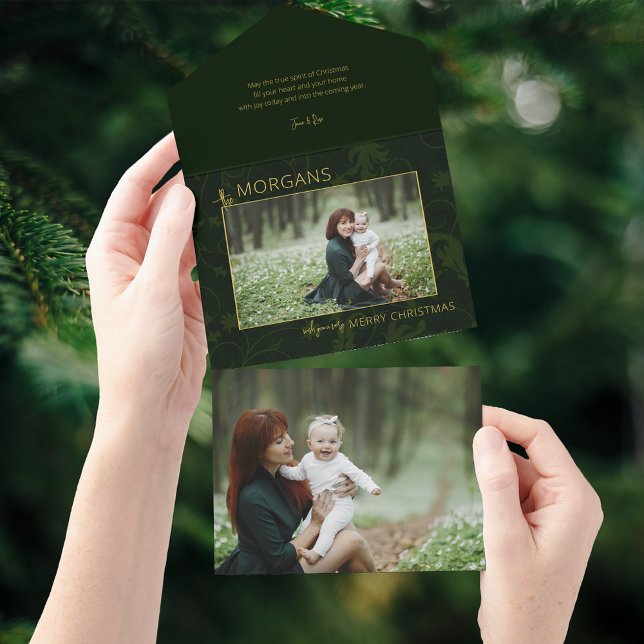 Chic Minimalistisch Green Damask Weihnachts-Foto All In One Einladung (Von Creator hochgeladen)