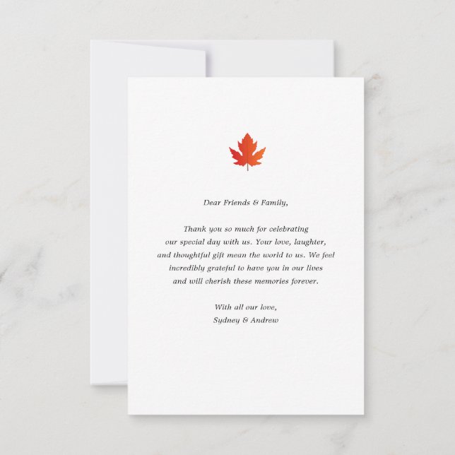 Chic Minimalistisch Maple Leaf Hochzeit im Herbst  Dankeskarte (Rückseite)