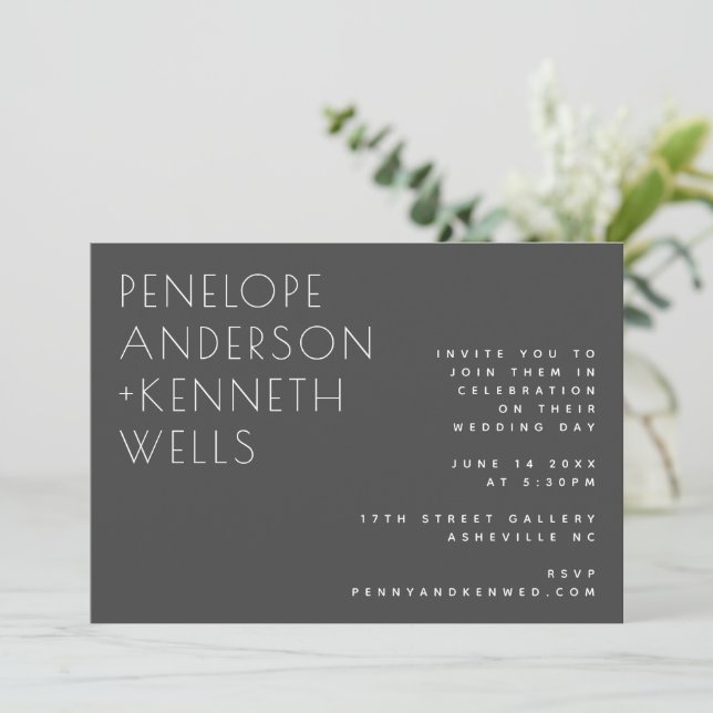 Chic Minimalistisch Moderne Hochzeit schwarz horiz Einladung (Stehend Vorderseite)