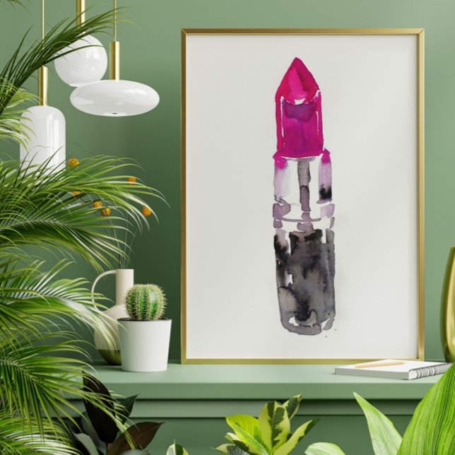 Chic Minimalistisch Pink Black Watercolor Lipstick Poster (Von Creator hochgeladen)