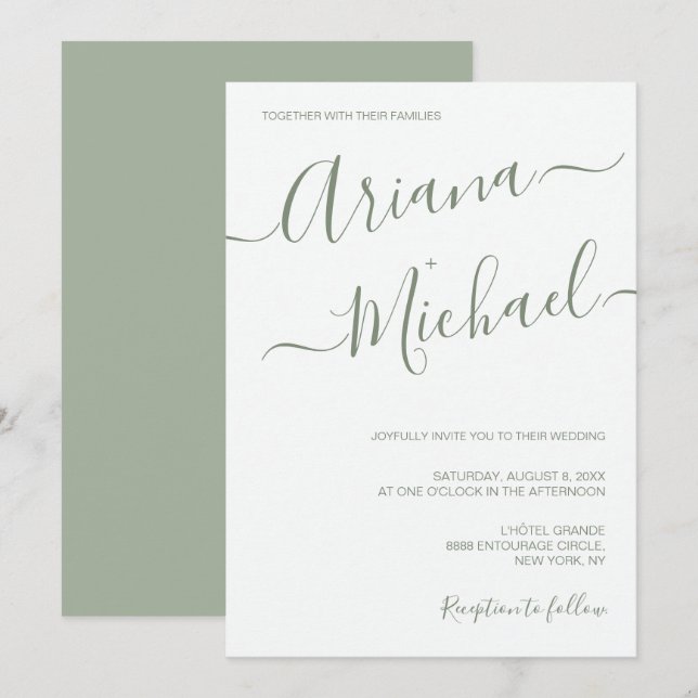 Chic Minimalistisch Typografy Sage green Wedding Einladung (Vorne/Hinten)