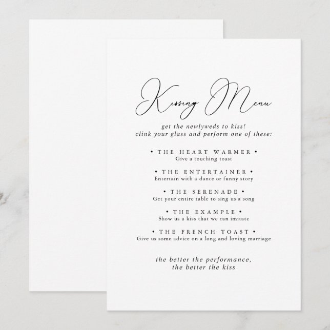 Chic Minimalistische Wedding Kissing Menu Game Car (Vorne/Hinten)