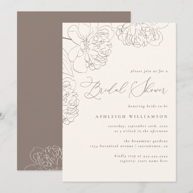 Chic Minimalistisches, handgezeichnet Peonies-Brau Einladung (Vorne/Hinten)