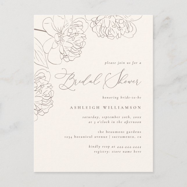 Chic Minimalistisches, handgezeichnet Peonies-Brau Einladungspostkarte (Vorderseite)