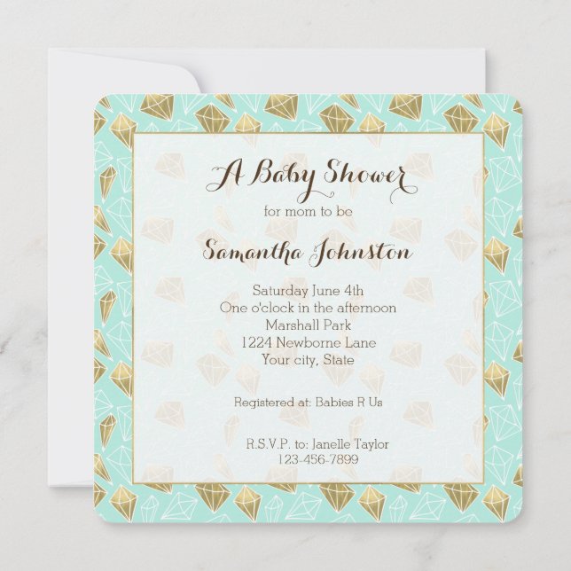 Chic Mint and Gold Diamonds Baby Dusche Einladung (Rückseite)