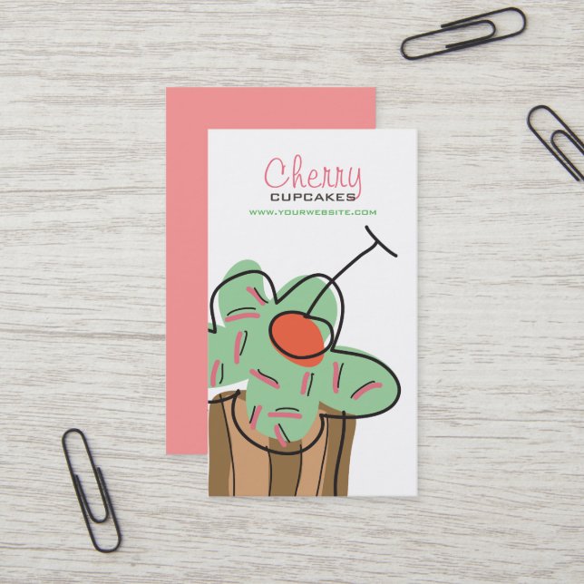 Chic Mint Cherry Cupcake Süßbäckerei Dessershop Visitenkarte (Vorderseite/Rückseite Beispiel)