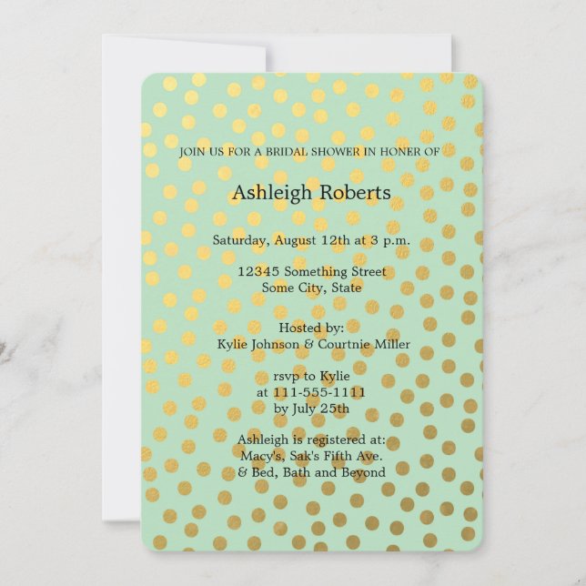 Chic Mint Gold Confetti Dots Brautparty Einladung (Vorderseite)