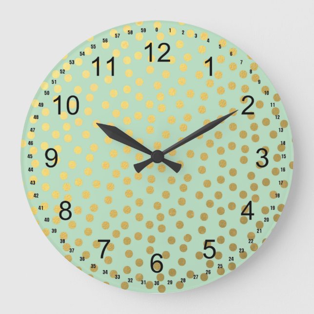 Chic Mint Gold Confetti Dots Große Wanduhr (Vorderseite)