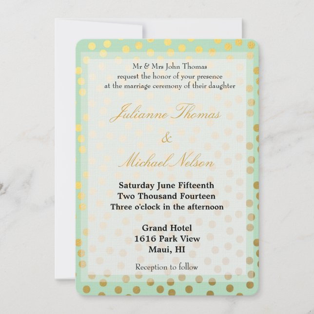 Chic Mint Gold Dots Hochzeit Einladung (Vorderseite)