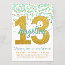 Chic Mint Gold Glitzer Confetti Girl 13. Geburtsta