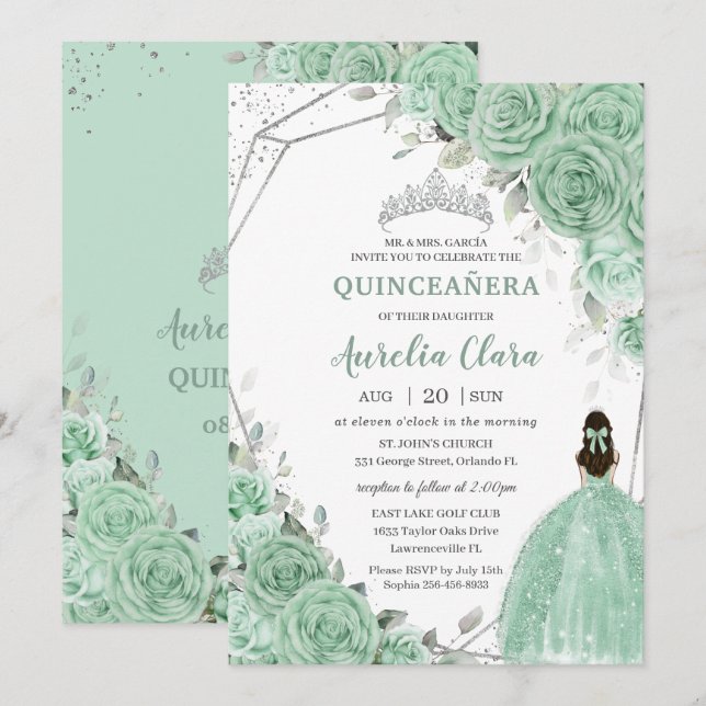Chic Mint Green Blumenprinzessin Silver Quinceañer Einladung (Vorne/Hinten)