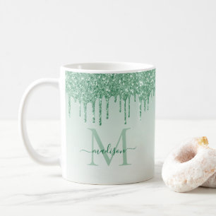 Chic Mint Green Glitzer Sparkle Monogram Script Kaffeetasse
