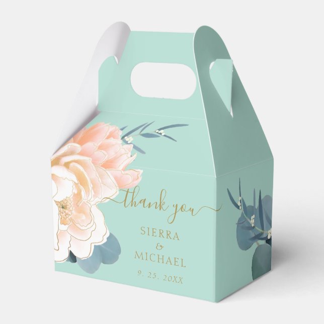 Chic Mint Green Gold Blush Peach Floral Wedding Geschenkschachtel (Vorderseite)