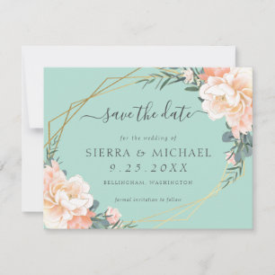 Chic Mint Green Peach Gold Floral Save the Date Ankündigung