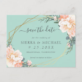Chic Mint Green Peach Gold Floral Save the Date Ankündigungspostkarte