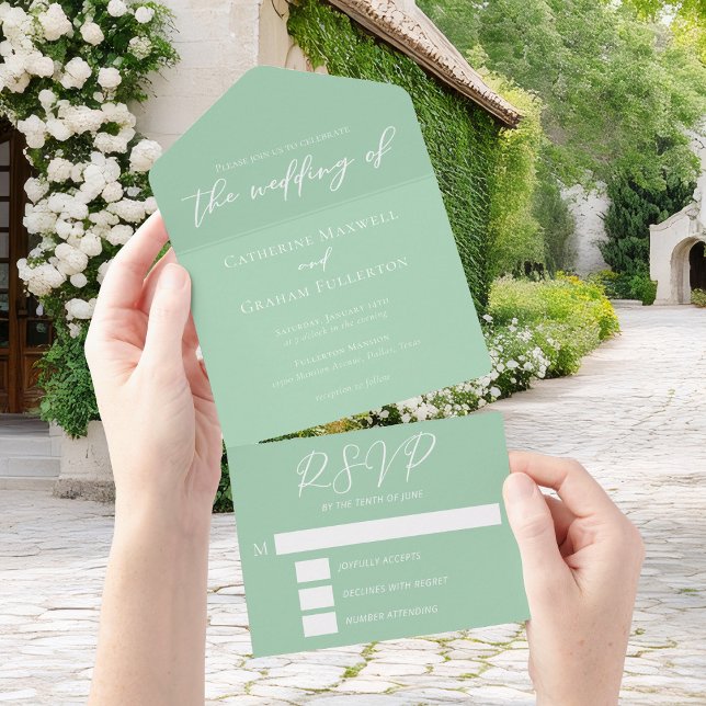 Chic Mint Green White Garden Wedding All In One Einladung (Von Creator hochgeladen)