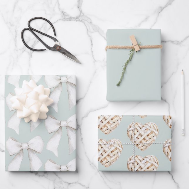 Chic Mint Green White Hearts Bows Brautparty Geschenkpapier Set (Vorderseite)