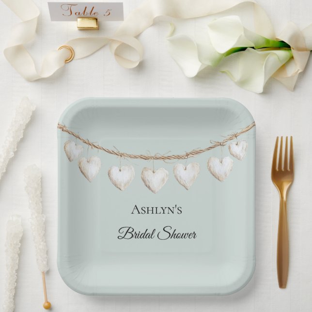Chic Mint Green White Hearts Brautparty Pappteller (Hochzeit)