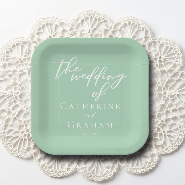 Chic Mint Green White Personalisiert Wedding Pappteller (Von Creator hochgeladen)