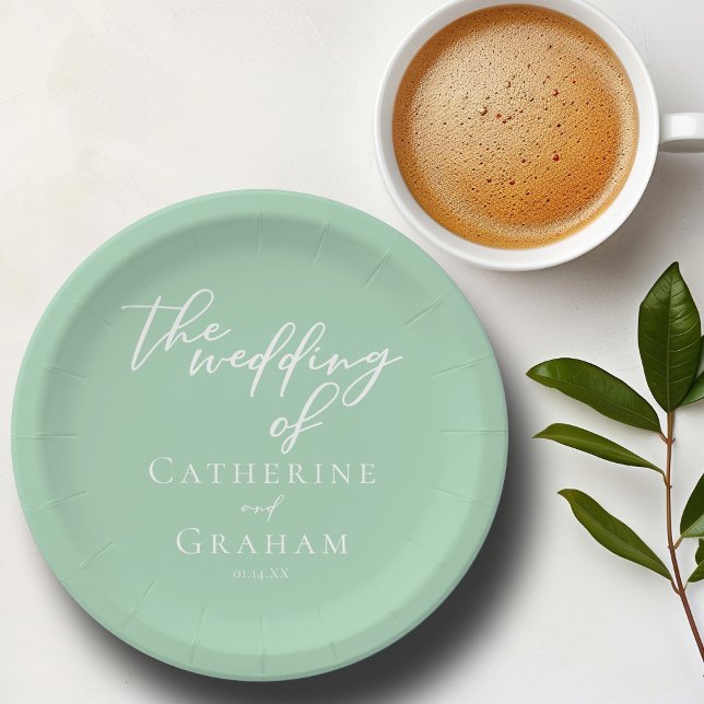 Chic Mint Green White Script Personalisiert Weddin Pappteller (Von Creator hochgeladen)