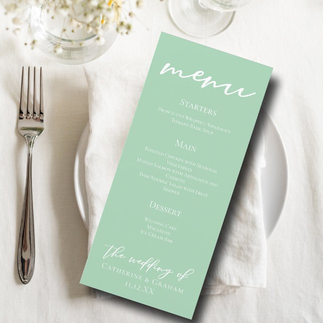 Chic Mint Green White Typografy Hochzeitsessen Menükarte (Von Creator hochgeladen)