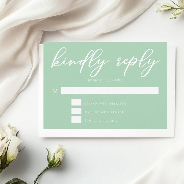 Chic Mint Green White Typografy Spring Wedding RSVP Karte (Von Creator hochgeladen)