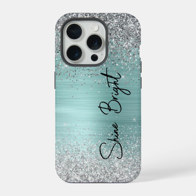Chic Mint Silver Glitzer Sparkle iPhone 15 Pro Hülle (Rückseite)