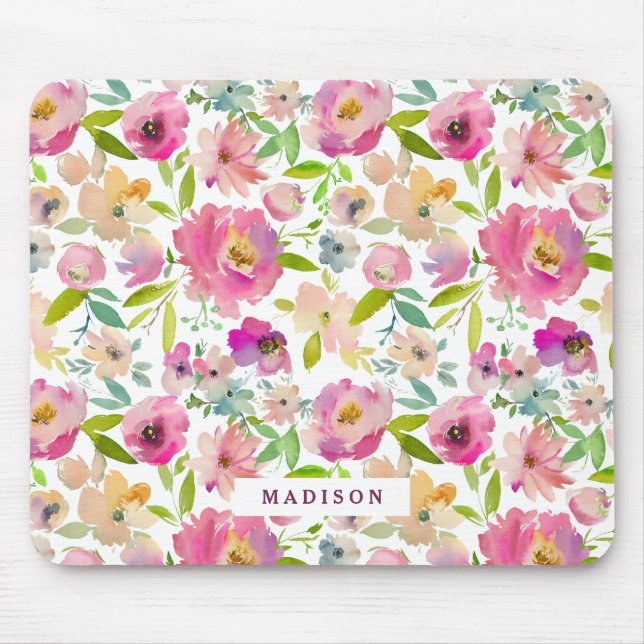 Chic Mint und Blush Pink Floral Monogramm Mousepad (Vorne)