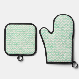 Chic Mint Wasserfarbe Zickzack Streifen Ofenhandschuh & Topflappen-Set