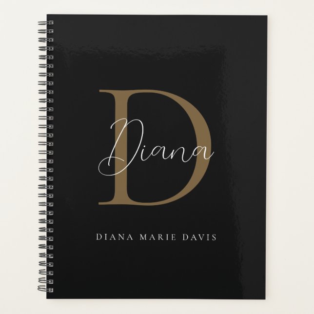 Chic Minuit Noir Mossy Gold Script Monogramme (Devant)