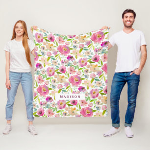 Chic Minze & Blush Pink Aquarell Floral Monogramm Fleecedecke