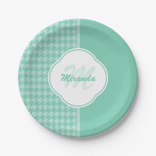 Chic Minze Green Hahnentrittmuster mit Monogramm u Pappteller