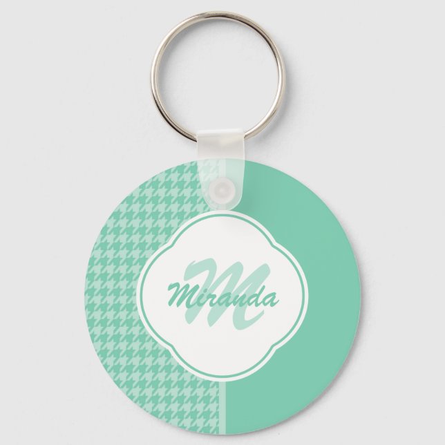 Chic Minze Green Hahnentrittmuster mit Monogramm u Schlüsselanhänger (Vorderseite)