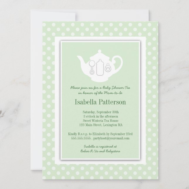 Chic Minze| White Teapot Baby Dusche Tee Party Einladung (Vorderseite)