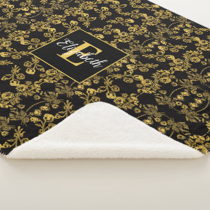 Chic Mit Monogramm Golden Floral print auf schwarz Sherpadecke