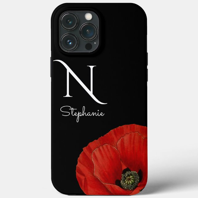 Chic Mit Monogramm Red Poppy auf Black Case-Mate iPhone Hülle (Rückseite)