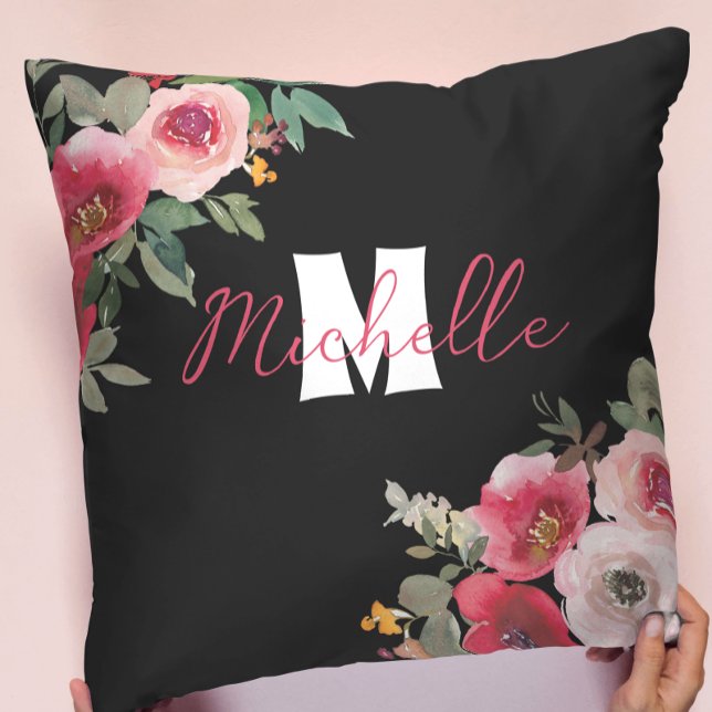 Chic mit Monogramm rosa Floral Aquarell Kissen (Von Creator hochgeladen)
