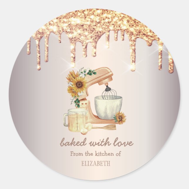 Chic Mixer Sonnenblumen Glitzer Tropfen Bäckerei Runder Aufkleber (Vorderseite)