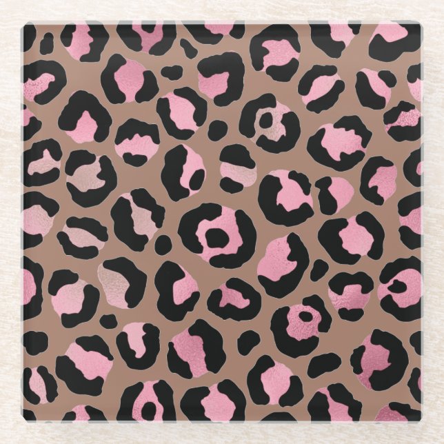 Chic mocha mousse, rosa und schwarz Leopard Print Glasuntersetzer (Vorderseite)