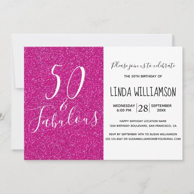 Chic Modern 50 Fabulous Pink Glitzer 50. Geburtsta Einladung (Vorderseite)