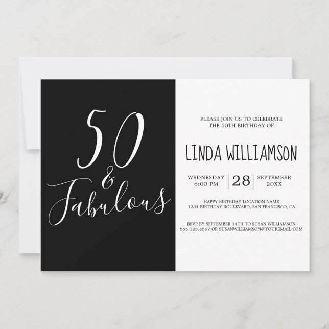 Chic Modern 50 Fabulous Schwarz-weiß 50. Geburtsta Einladung (Vorderseite)