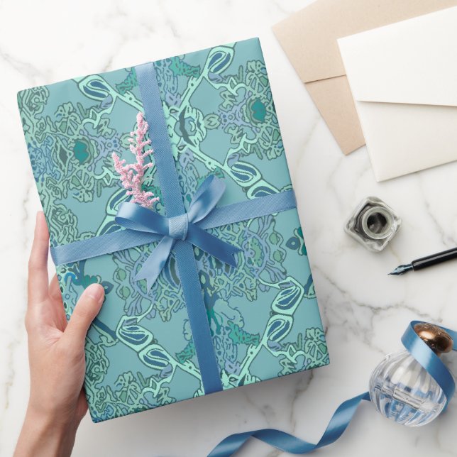 Chic Modern Barock Muster in Blau und Grün Geschenkpapier (Schenken)