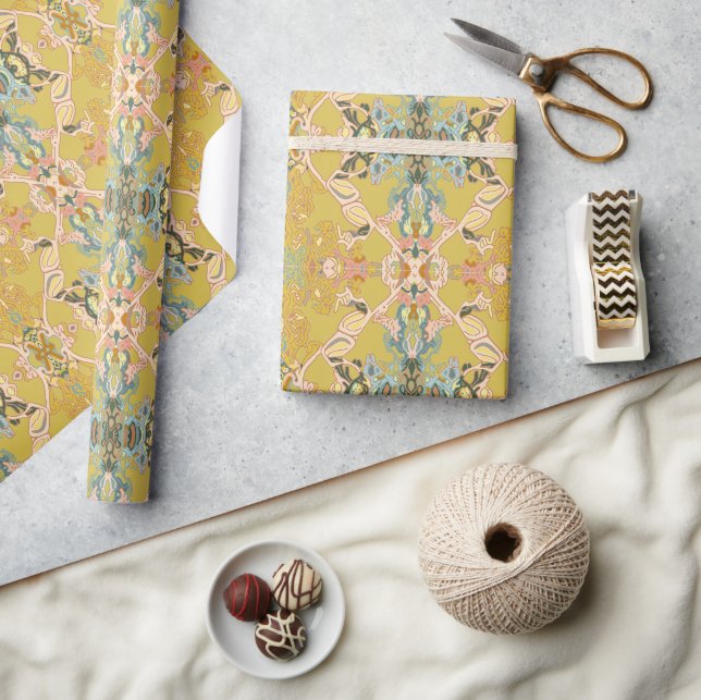 Chic Modern Barock Muster in Pink Gold Blau Geschenkpapier (Kunsthandwerk)
