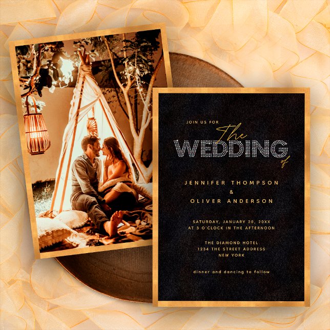 Chic Modern Black and Gold Luxuriöse Foto Hochzeit Einladung (Front / Back)