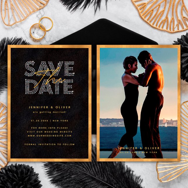 Chic Modern Black and Gold Luxuriöse Foto Hochzeit Save The Date (Front / Back)