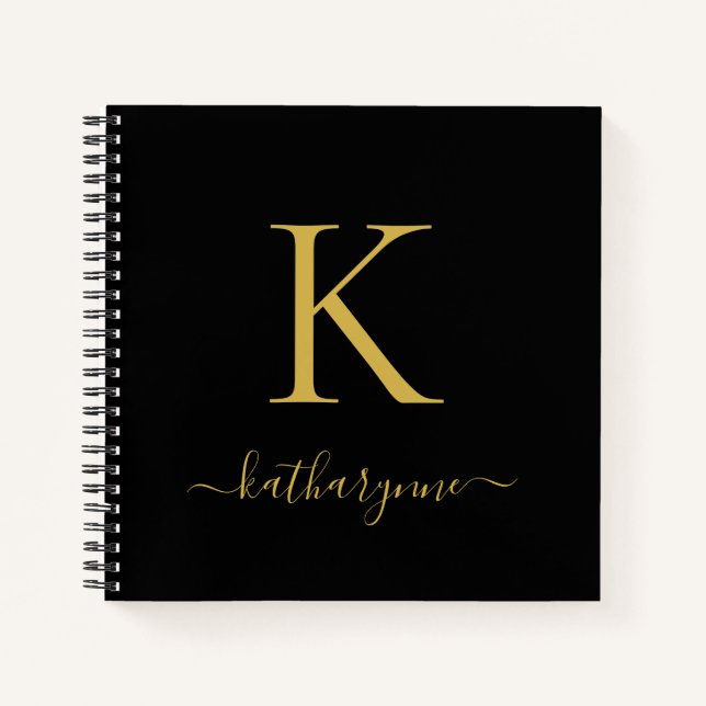 Chic Modern Black Gold Monogram Name Notizbuch (Vorderseite)