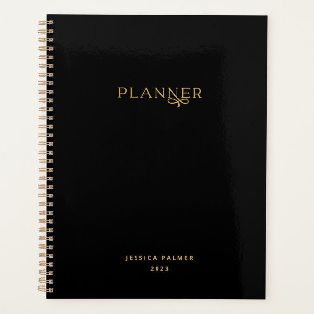 Chic Modern Black Gold Personalisiert Name Planer (Vorderseite)